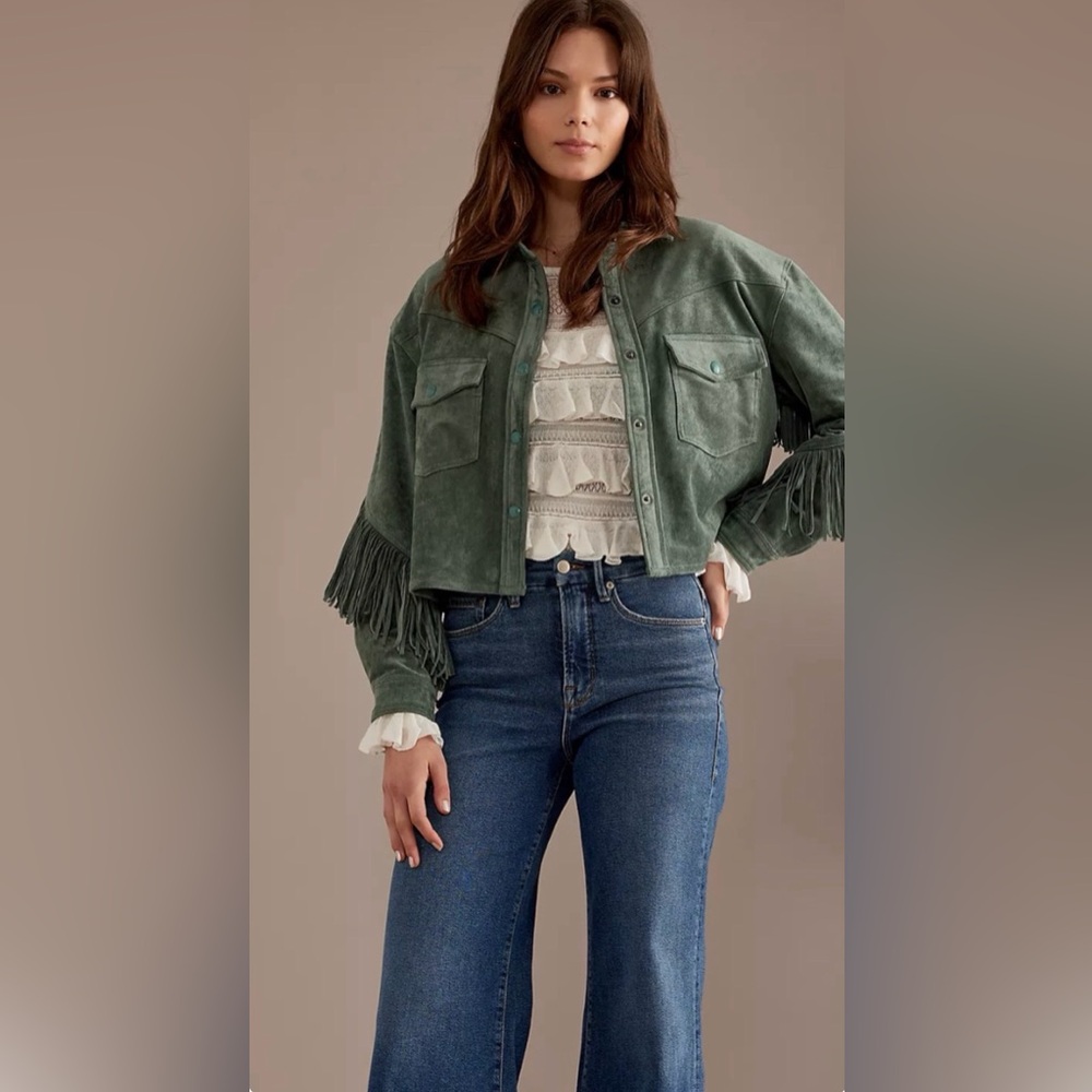 Anthropologie Blank NYC Faux Suede Fringe Jacket Pockets Snap Up Green